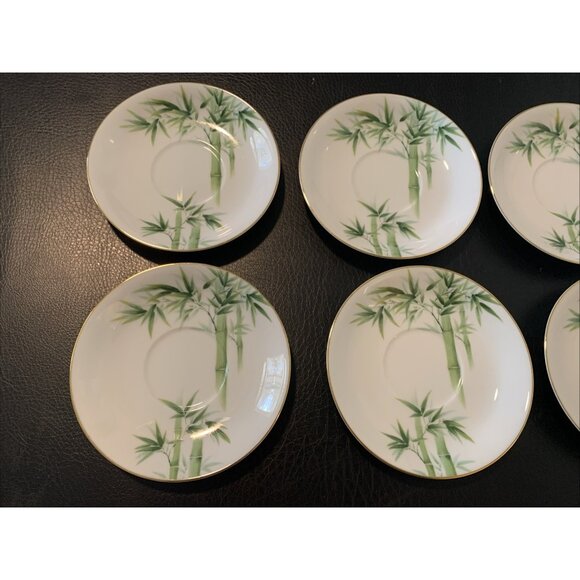 6 Noritake Toki Kaisha Footed Cup and Saucer Sets Green Bamboo Pattern 1960s Vtg - Picture 8 of 12
